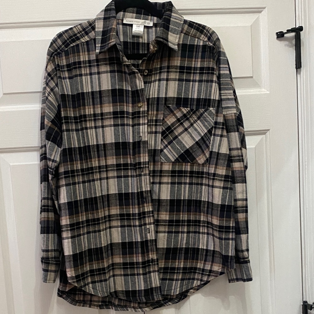 Altar'd State Plaid Button-Up Shirt - Black and Tan